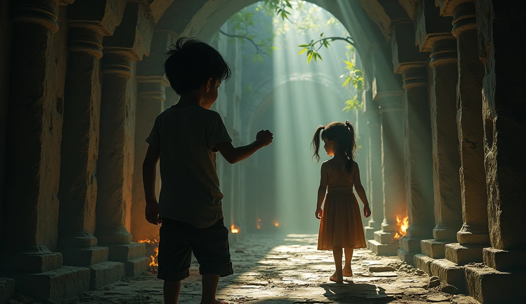 Boy nods, respecting her decision, and they walk away from the temple, leaving their past behind.