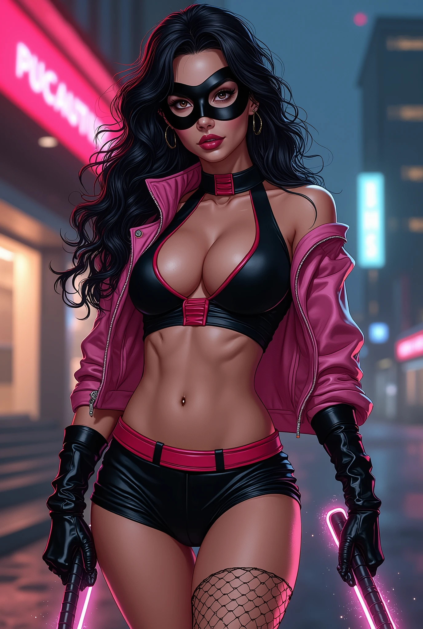 (Comic style, ed benes style) sexy beautiful female superheroine . dark brown hair brown eyes wears a black midriff top with a red stripe on the center and an opening on the chest , wears a domino mask. Wears a small pink leather jacket , wears black shorts that in red in the center, with the addition of fishnet stockings. Wears black boots with a pink outline, glistening skin, , natural lighting, Defined full lips. fitness feminine body (wears a domino mask) (holding electric Escrima Sticks) (night time)