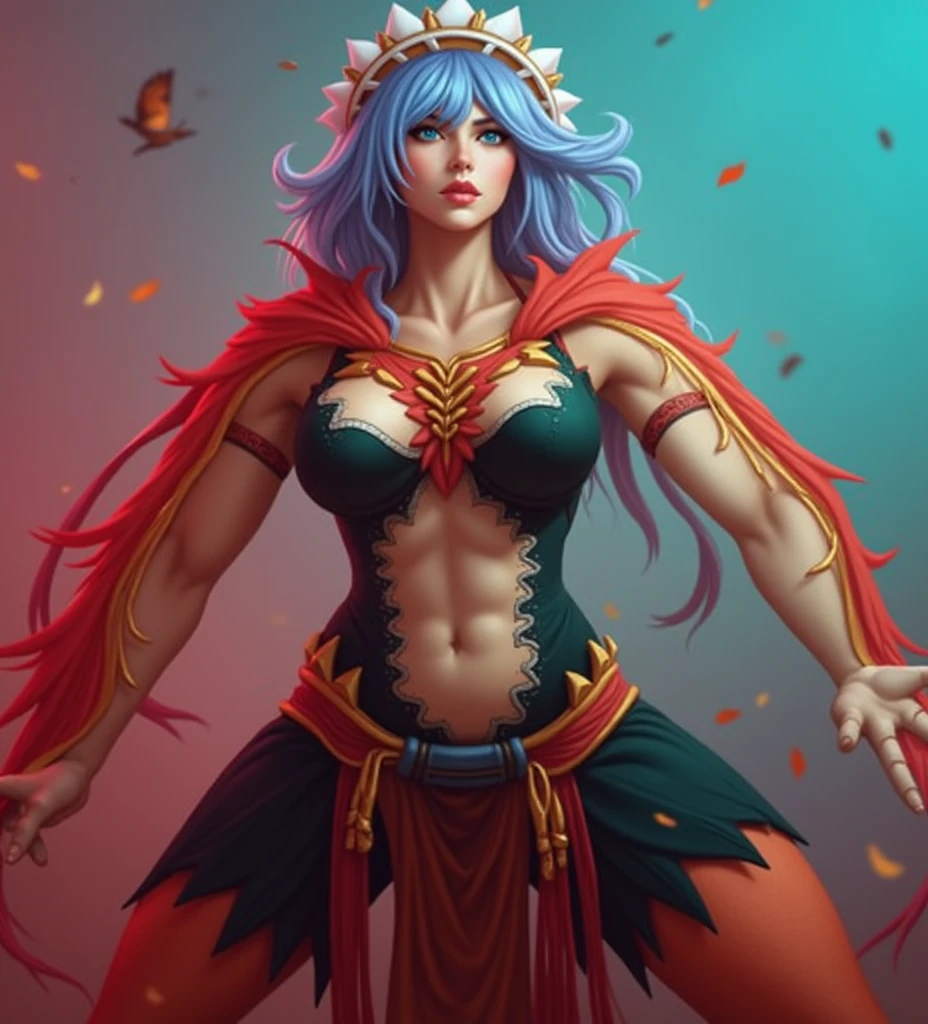 Hummingbird female demon, humanoid, aqua blue skin, feathered face and hair, feather dress, dental scrubs, ample chest, red feather patch over breasts. cartoon art style. In the style of Hazbin Hotel, (best quality)), ((masterpiece)), (detailed)