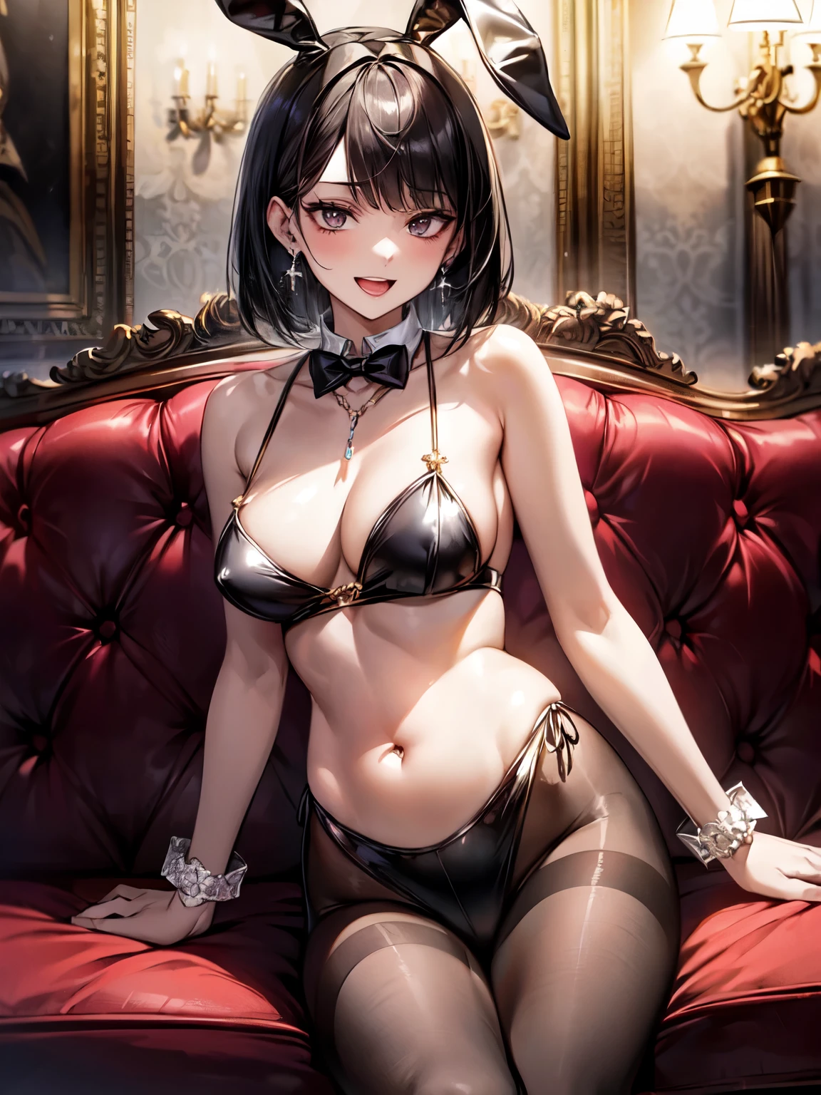 ((masterpiece, Highest quality, Very detailed)), anime CG, 
NSFW, 
One girl, 20 years old, full makeup, black hair, bob cut, swept bangs, BREAK ((black eyes)), droopy eyes, thick thighs, medium breasts,  ((lots of pierced earrings, silver chain necklace, silver bracelet)), ((bare belly button, belly piercing)), 

looking at viewer, BREAK looking at viewer, cowboy shot, 

smile, ((open mouth)), 
random porn pose, 

BREAK Black bunny ears, fake bunny ears, pantyhose, black pantyhose, bow tie, wrist cuffs, sleeveless tuxedo, ((cleavage)), black bikini bottoms,

BREAK Seductive bar interior, dim red lighting, luxurious decor, velvet upholstery, crystal chandeliers, polished wood bar counter, elegant glassware, Luxurious sofa, high-end furniture, velvet upholstery, ornate wooden frame, tufted cushions, gold accents, intimate atmosphere, high detail, wide-angle shot, 