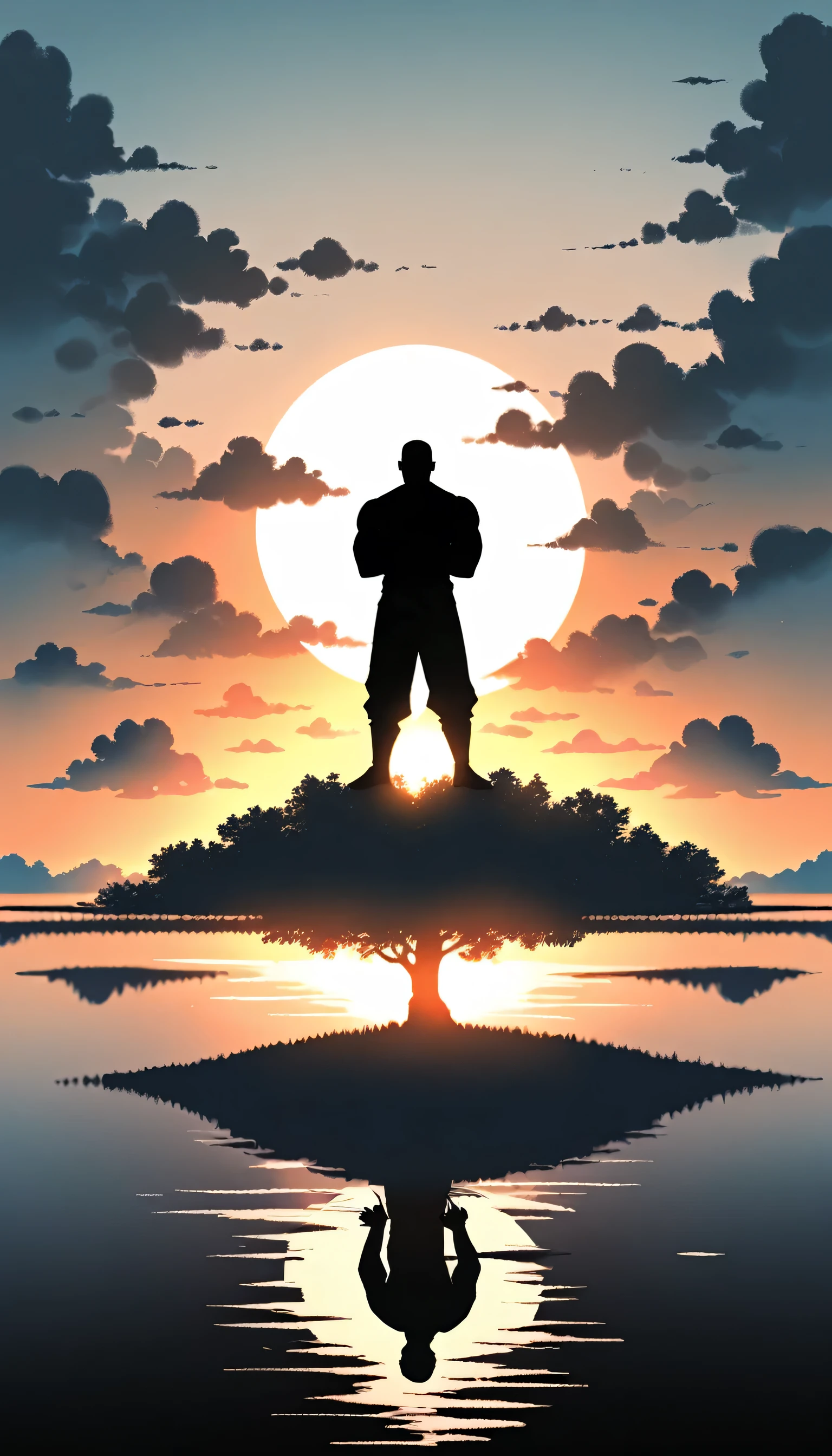 A Strong Buddhist muscular man stands in the smoke, Black jumpsuit, Very tight, Silhouette effect, Tall muscular man, Priapus, Dark Black, Dark black skin, Buzz Cut, His muscles are very developed, Very tall, short hair, Blend into the smoke, Lake, Reflection, Sunset, Sunset, Man silhouette, Chinese, black and white, Simple style