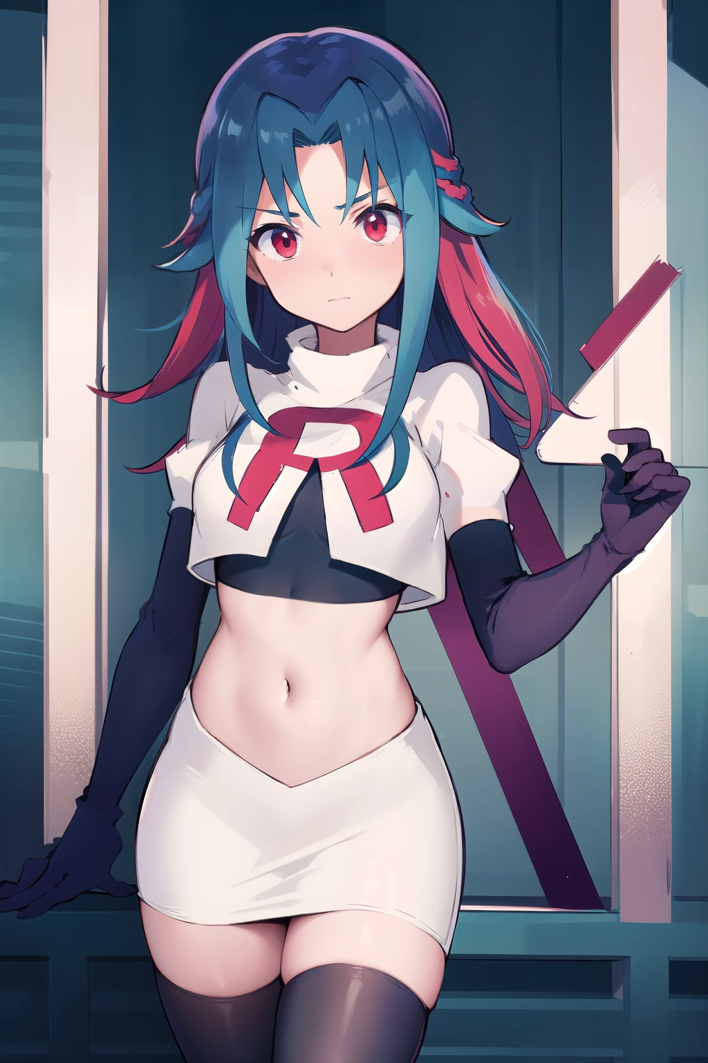 masterpiece, best quality, highres, kr1, multicolored hair, dyed bangs, team rocket,team rocket uniform,white skirt,red letter R,crop top,black thigh-highs,black elbow gloves, cowboy shot,
