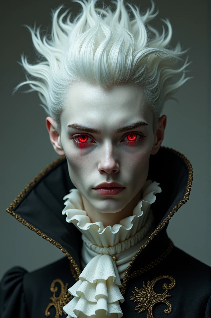 Here's the translation:
"A man with pale skin and white hair, with a slim appearance, wearing elegant colonial-era clothing. His eyes are red with a cat-like design."