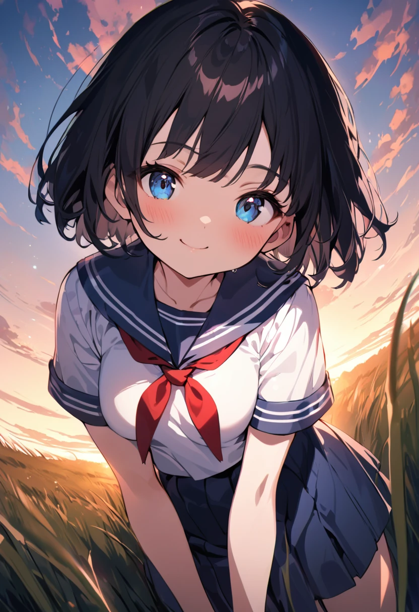 long shot, in the grassland, at dawn, sunrise, pinhole camera, wide-angle lens, dramatic lighting, soft lighting, best quality, very aesthetic, absurdres, ((1 girl)), ((soro)), black hair, short hair, medium breasts, , cute, blue eyes, smile, no background, Sailor suit,short sleeve, Japanese student, dark blue collar, red tie, white clothes, dark blue skirt