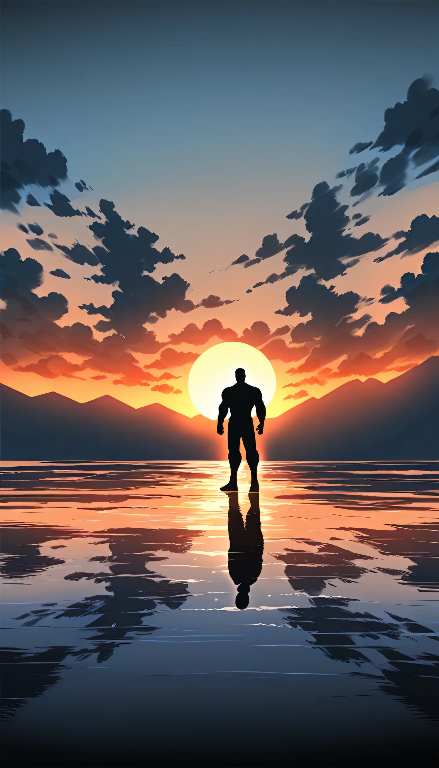 A man in a black bodysuit stands in the smoke, Priapus, Dark Black, Dark black skin, Buzz Cut, His muscles are very developed, Very tall, short hair, Blend into the smoke, Lake, Reflection, Sunset, Sunset, Bird, plum bossom, Man silhouette, Chinese, black and white, Simple style