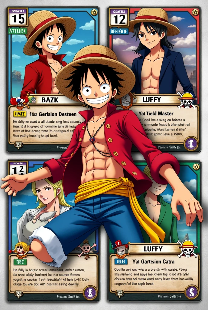 Create an image containing four cards for an anime card game. Each letter must have the following layout: Character Image: In the center of each card, include a detailed and colorful illustration of an anime character. The character must have a striking look and be in a dynamic pose., with a realistic and vibrant art style. Character&#39;s Name: Put the character&#39;s name at the top of the card, using a stylized font that matches the anime theme. stats: Attack: Add a box or icon in the top left corner to indicate the attack value. defense: Place a box or icon in the lower left corner for the defense value. life: Insert a box or icon in the bottom right corner for the life value. Special ability: Skill Name: Reserve a section in the top right corner for the name of the special ability. Skill description: Below the skill name, include space for a brief description of the skill. Design and Style: The overall layout of the cards should have a stylized cartoon look., with edges, icons and fonts that avoid modern design or typical patterns of other games. Use vibrant colors and graphic elements that complement the character art, creating a unique and engaging aesthetic reminiscent of anime style, without following contemporary conventions. Composition: Arrange the four cards so that each one is clearly visible and distinct in the image., ensuring an attractive and functional composition for an anime card game. But the anime character is Luffy from One Piece