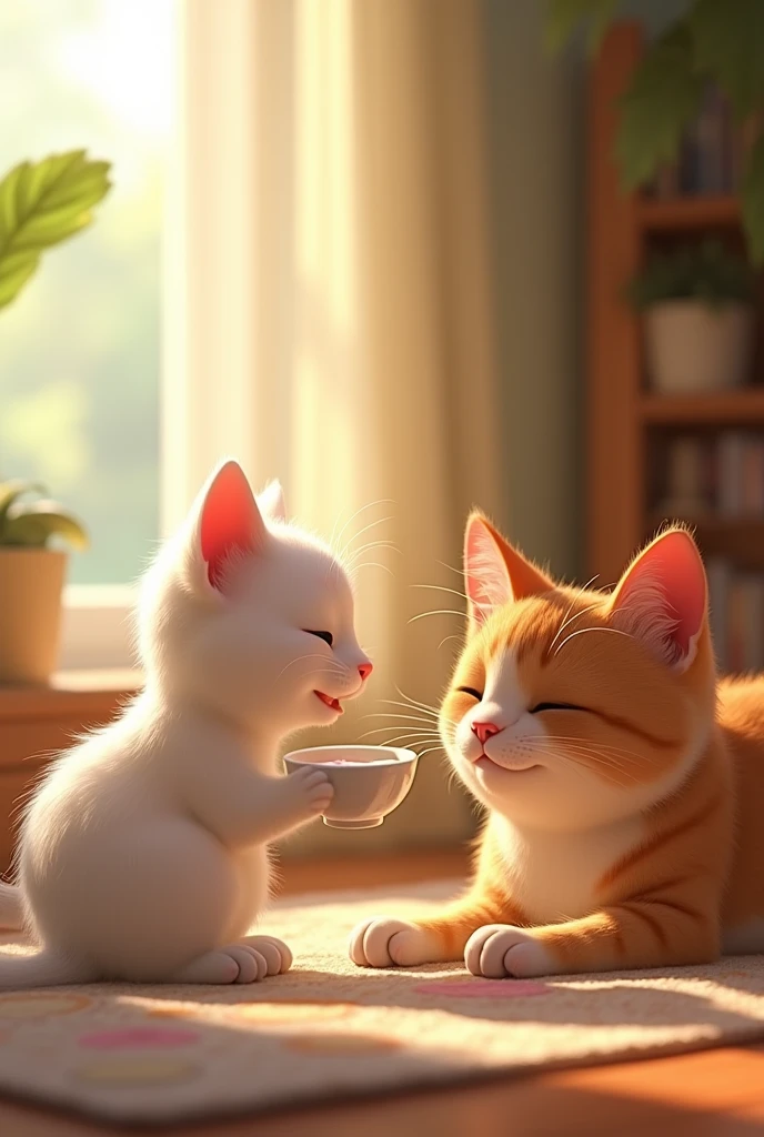 Moti brown cat band Sona white cat Sona Bringing Milk for Moti: Sona gently carrying a small bowl of milk in her mouth for Moti, who is resting. Pixar style