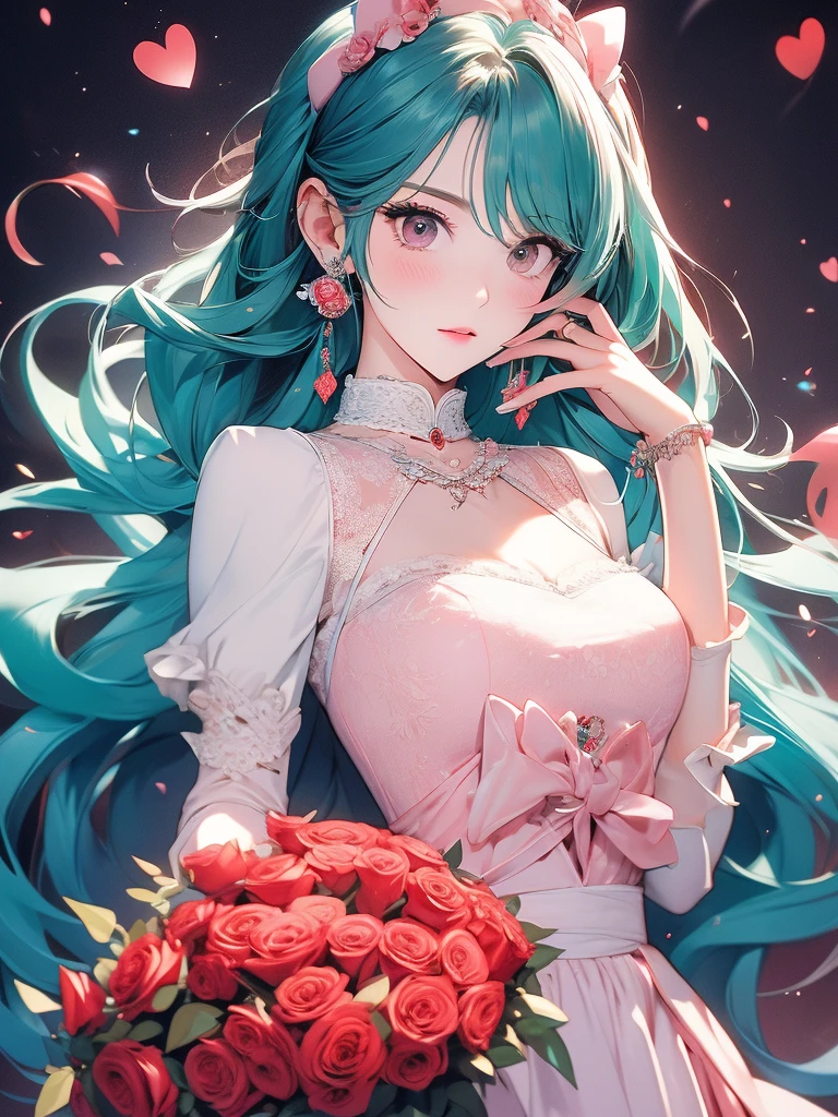 The image is、It depicts a person holding a large, heart-shaped array of red roses on a teal background。 The person is wearing a pale pink or white outfit that contrasts with vibrant blue roses.。 The whole scene is romantic.、Perhaps it creates a festive atmosphere、High resolution, masterpiece, Anatomically correct, detail, 高いdetail, quality, Very detailed, 高quality,