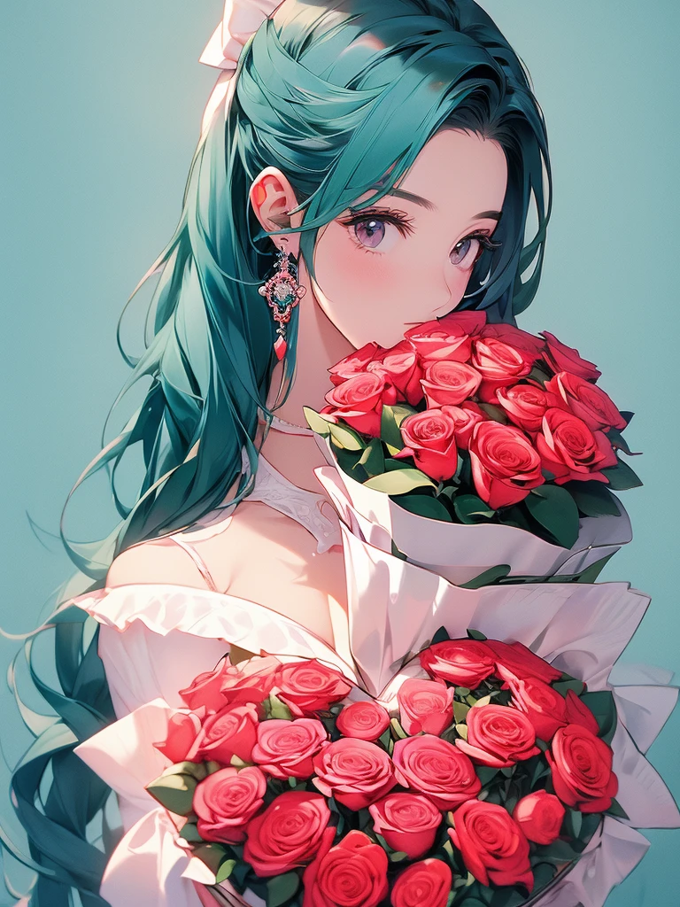 The image is、It depicts a person holding a large, heart-shaped array of red roses on a teal background。 The person is wearing a pale pink or white outfit that contrasts with vibrant blue roses.。 The whole scene is romantic.、Perhaps it creates a festive atmosphere、High resolution, masterpiece, Anatomically correct, detail, 高いdetail, quality, Very detailed, 高quality, 