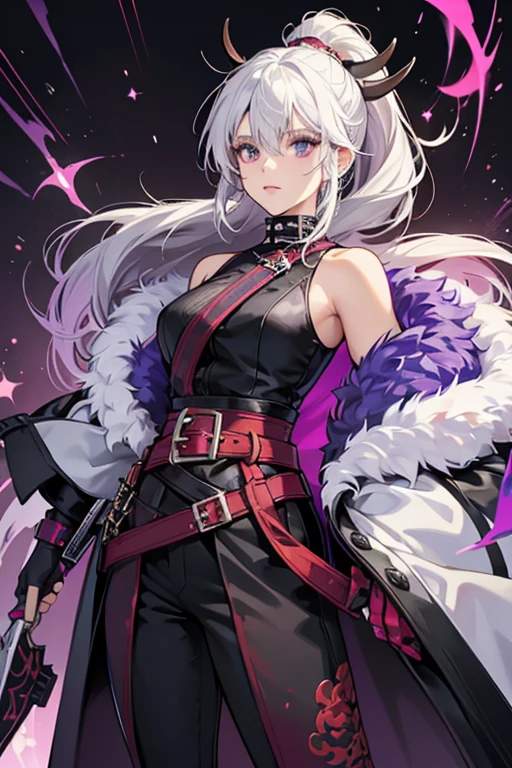 Itto's white hair attire is decorated with a number of spikes and spines. sHe wears a cropped purple top paired with a sleeveless black collared coat decorated around the shoulders with thick purple and white ropes. sHe also wears a thick black belt decorated with a large buckle resembling an oni mask and gray pants decorated with red and tied on with ropes, as well as shin guards and sandals. Her Geo Vision is on a spiked choker around her neck. SPARKLE; GLITTER