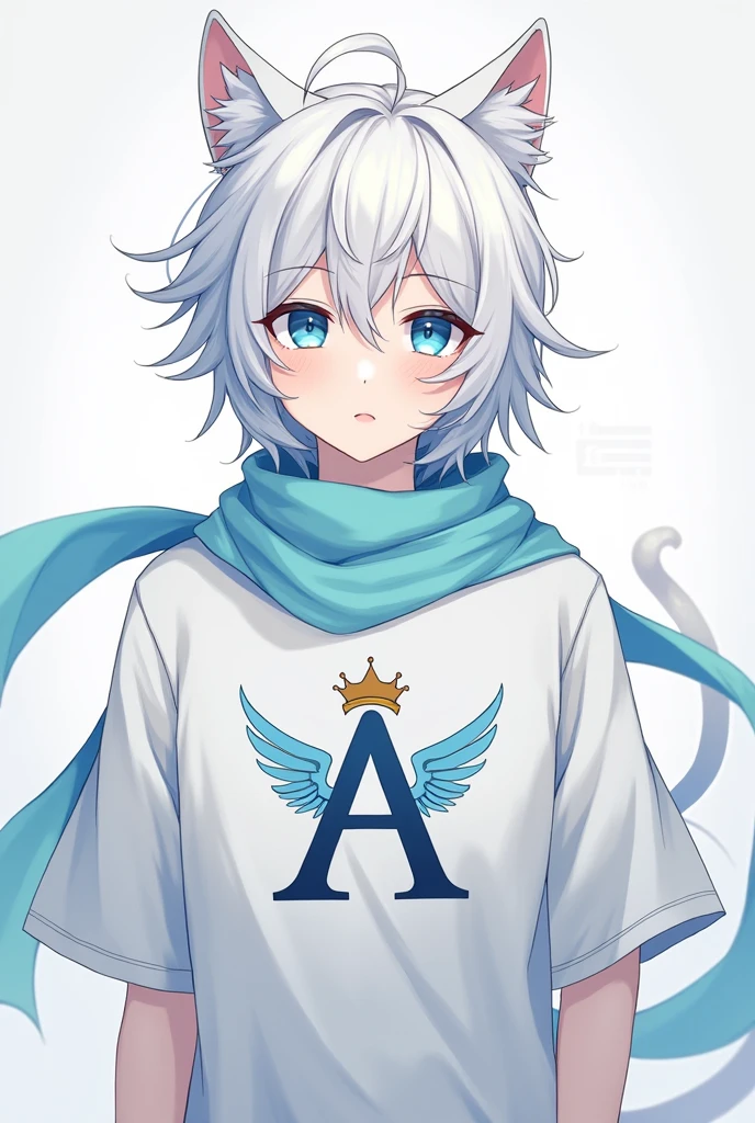 Make a male anime character with white hair blue eyes blue scarf white shirt cat ears with a letter A printed on the shirt with a crown on Sima of the letter A and wings on the side of the letter A