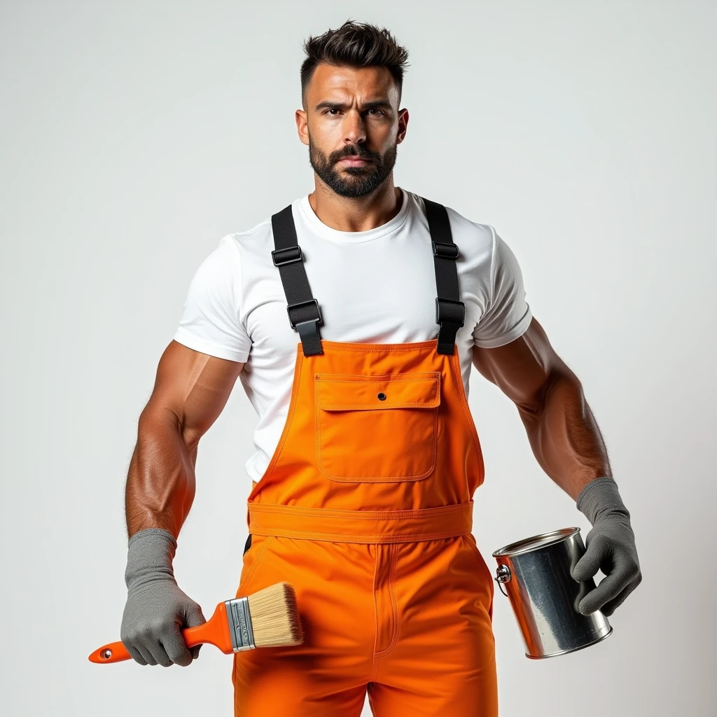 Strong Man in White T-shirt and Orange Construction Overalls, holds an orange paintbrush and a can of paint in his hand, Studio Photography, studio lighting, realistic skin texture and detail, the man stands slightly sideways, background white uniform, The photo was taken from the waist up

