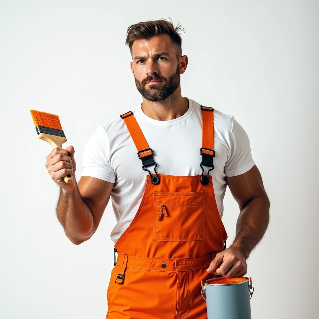 Strong Man in White T-shirt and Orange Construction Overalls, holds an orange paintbrush and a can of paint in his hand, Studio Photography, studio lighting, realistic skin texture and detail, the man stands slightly sideways, background white uniform, The photo was taken from the waist up