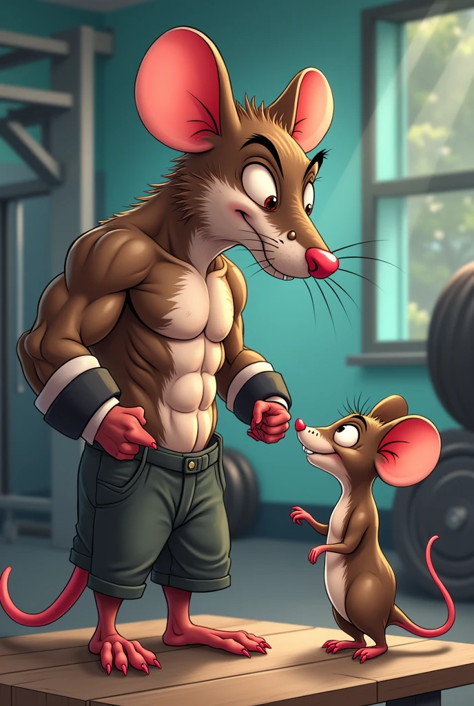 Make a muscular gym rat being admired by another small rat with a big butt female in love