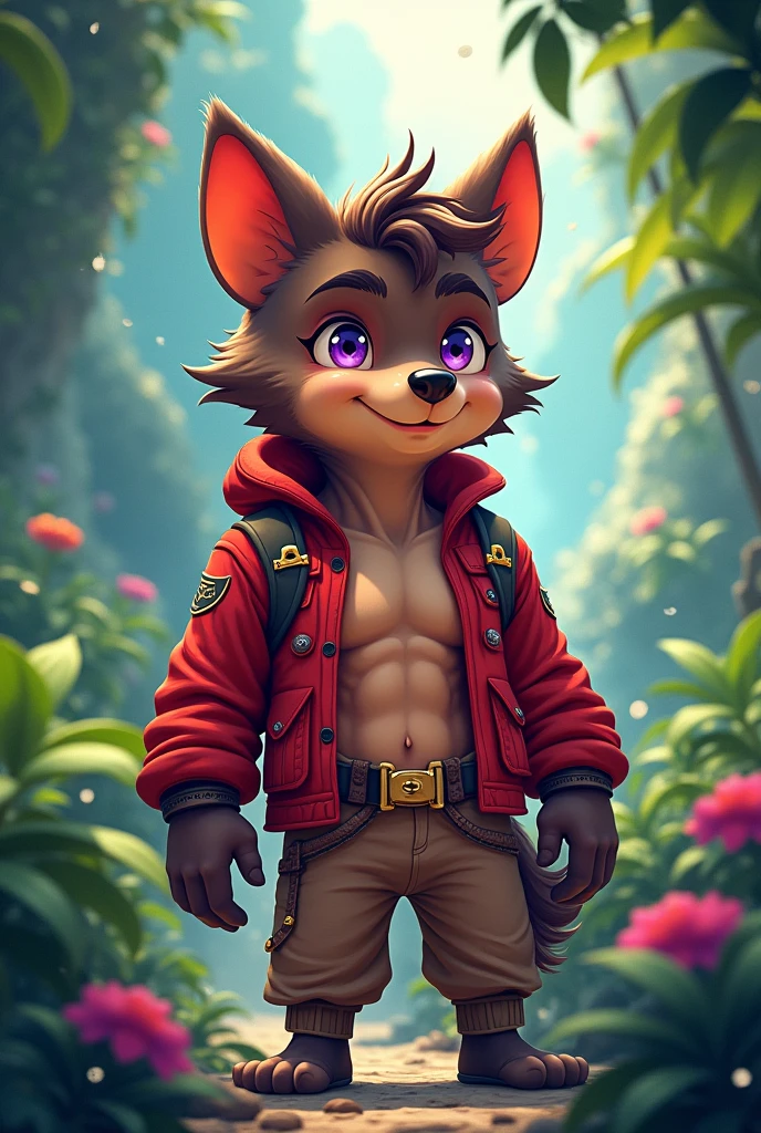 cartoon character,high quality illustration,hairy male,body color brown, details about red face,eye color Violet, brown wolf ears,Red color on the tips of the ears,Red sleeveless jacket with gold details,shirtless,dark brown hand hair color, exploration pants,illuminated place,day,oasis.