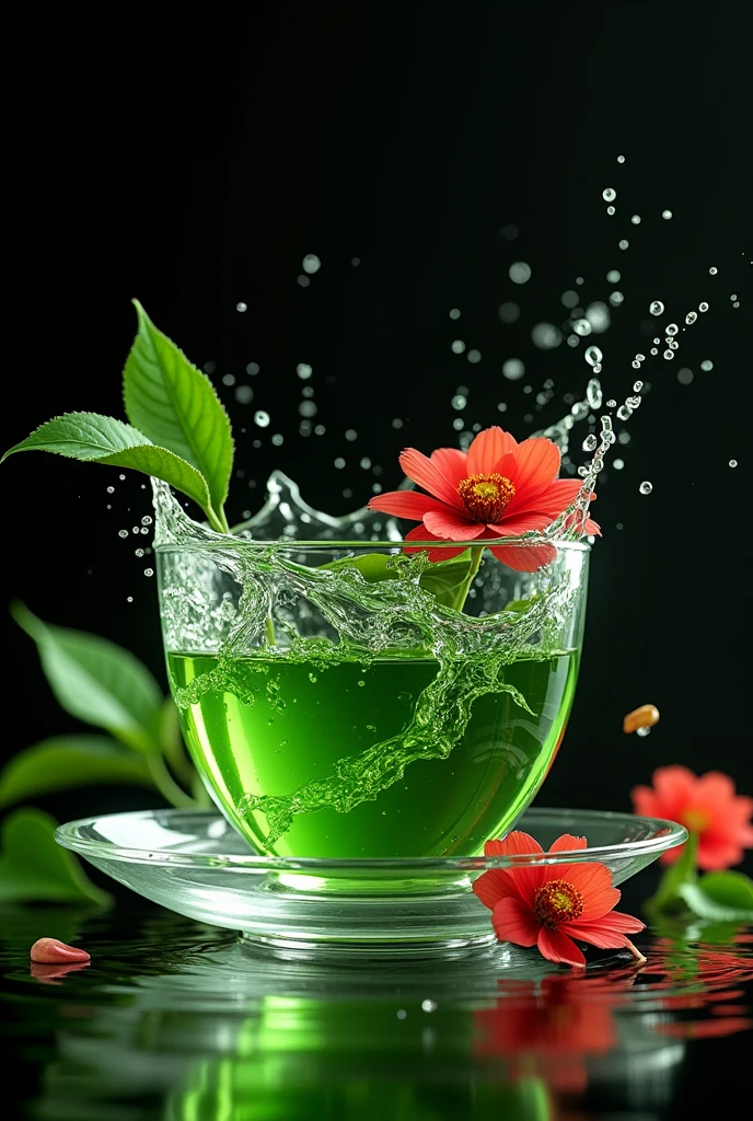 Product Design,(Green tea seen from above:1.5),Drinks from the sky,Water surface close up,Transparent drops,Clear green tea,Silver edge bowl,Transparency、Sense of luxury,A spectacular water splash,Black background,Surrounded by leaves and red flowers,Leaves flutter,The water surface splashes violently,steampunk、Light green、It's in a silver bowl,A bowl-like vessel resembling a leaf floating in the air、Tea Ceremony、Whirlpools on the water surface,Fantasy,Realistic,Wabisabi,Pottery,