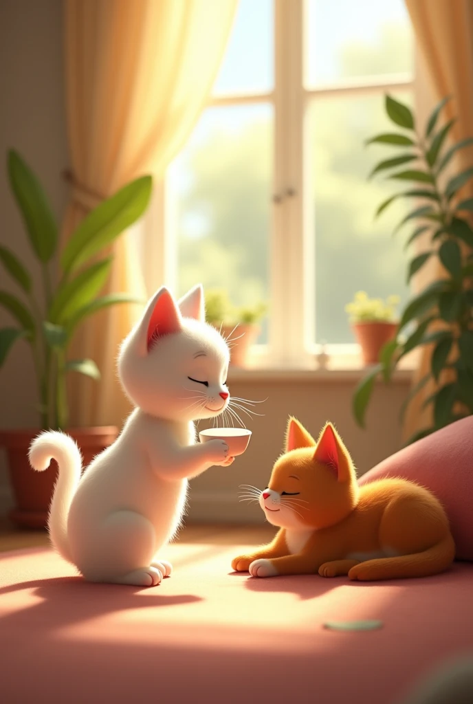 Moti brown cat band Sona white cat Sona Bringing Milk for Moti: Sona gently carrying a small bowl of milk in her mouth for Moti, who is resting. Pixar style