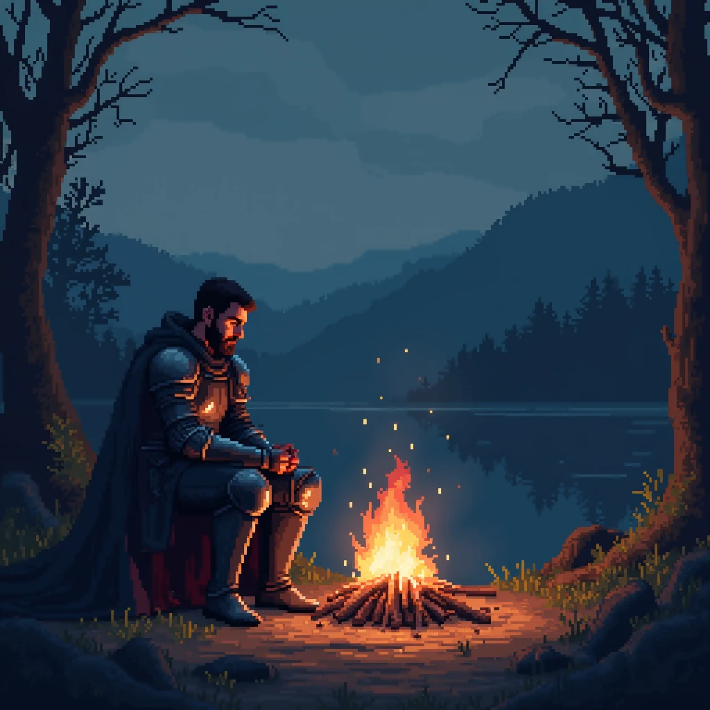 Very early in the morning, a knight in dark medium-heavy armor sits by a fire in pixel art