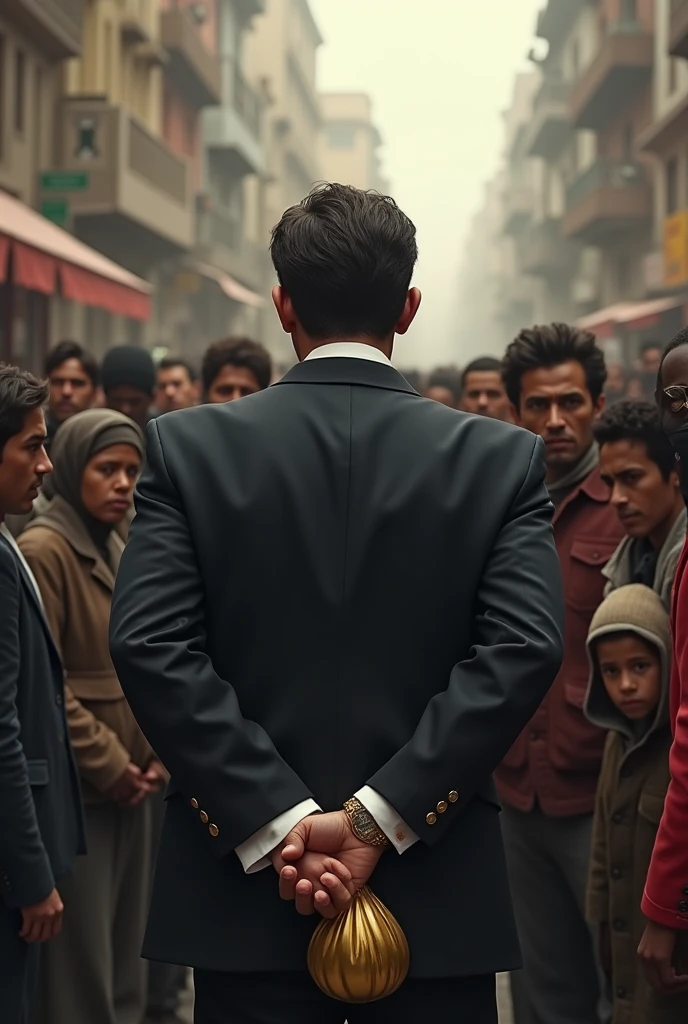 The man turns away from a group of friends or beggars, holding his gold pouch tightly, refusing to share.