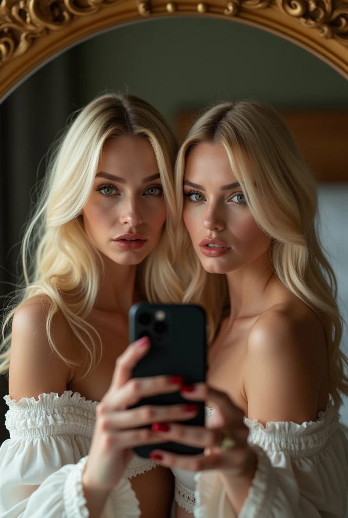 (Best Quality))), Very detailed, High resolution. 2 women, blond hair, light green eyes, full lips, heavy makeup, In the bedroom in front of the mirror taking a photo at the luxury hotel. ,  holding iPhone Pro Max 15 