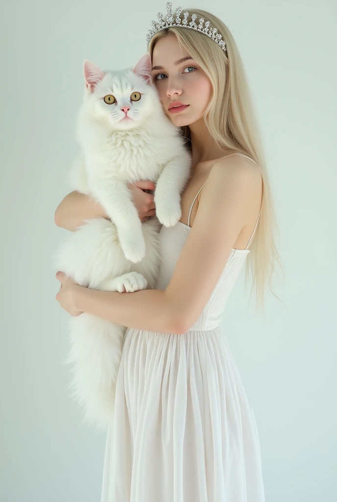Slim blonde woman wearing a white jumpsuit made of light, loose fabric, A woman with straight hair wearing a white diamond tiara、Holding a white Maine Coon cat
