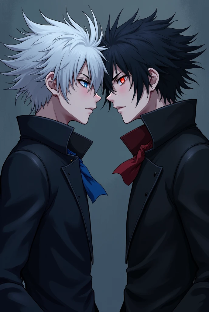 Boy love story for my novel: A guy 2 with white hair, blue eyes and Shinigami with black coat, red eyes. They standing next each other, glare. The asmosphere is dull
