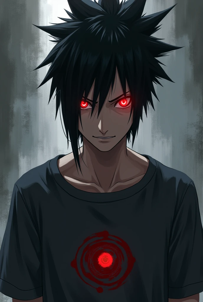 (photorealism:1.2),sasuke with rinnegan,wearing uchihas tshirt,with evil smile