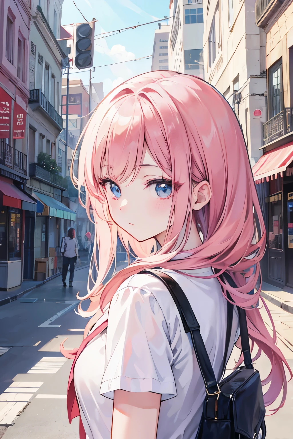 (best-quality:0.8),, (best-quality:0.8), perfect anime illustration, extreme closeup portrait of a pretty woman walking through the city