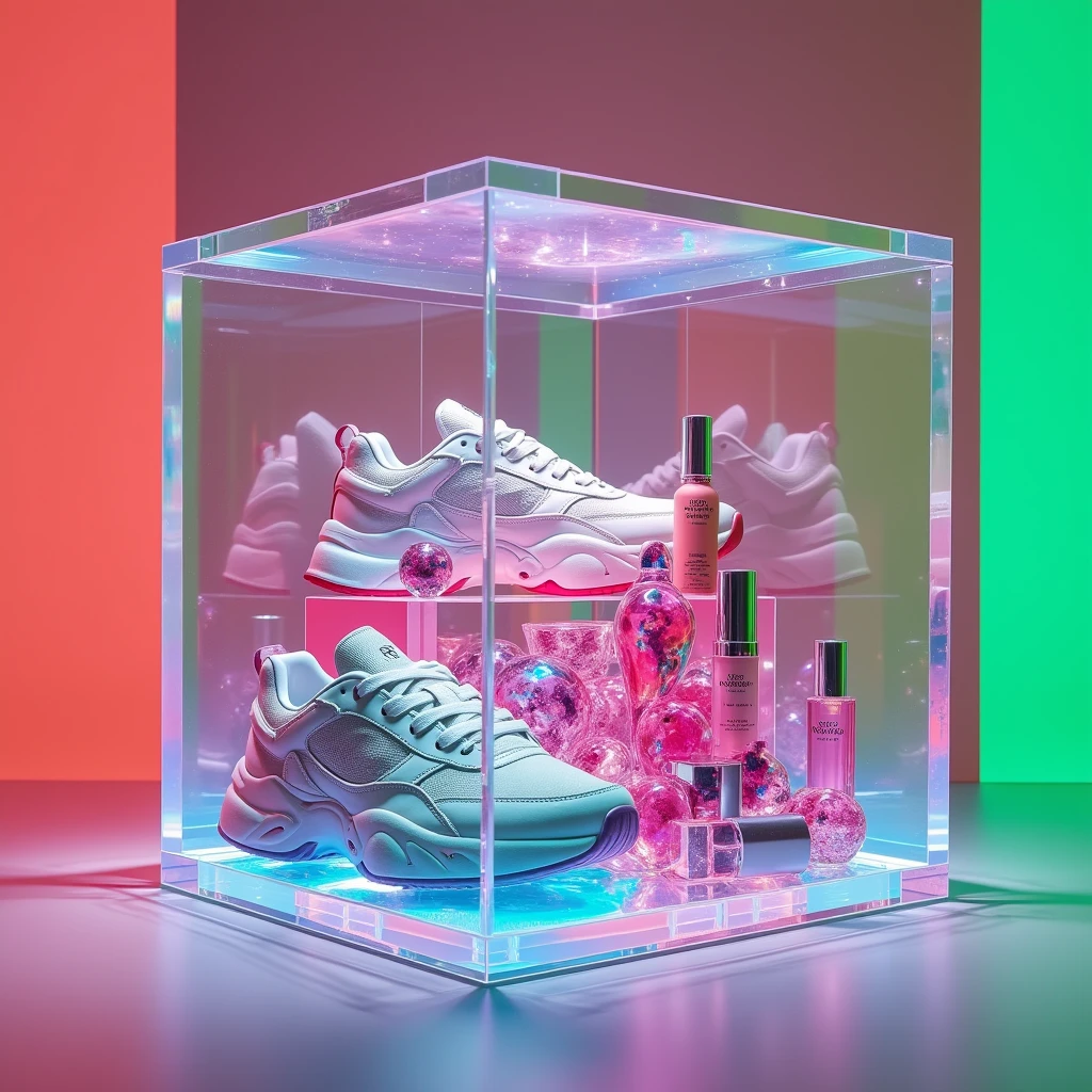 Clear iridescent cube full of
colorful recognizable objects
such as Balenciaga sneakers
makeup. Studio
photography, e-comm, some
green accent color, 4k, solid
color background! table top
photography! realistic!