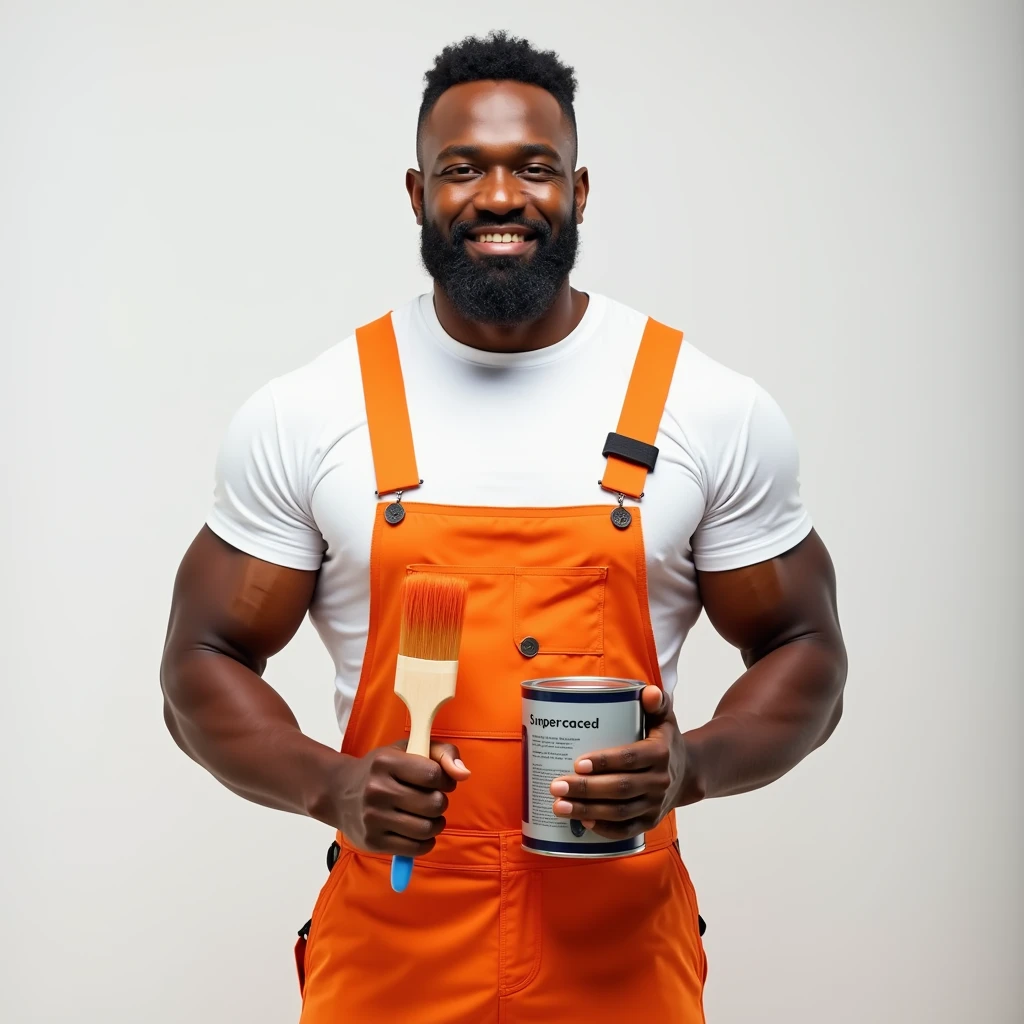 Strong Man in White T-shirt and Orange Construction Overalls, holds an orange paintbrush and a can of paint in his hand, Studio Photography, studio lighting, realistic skin texture and detail, the man stands slightly sideways, background white uniform, The photo was taken from the waist up