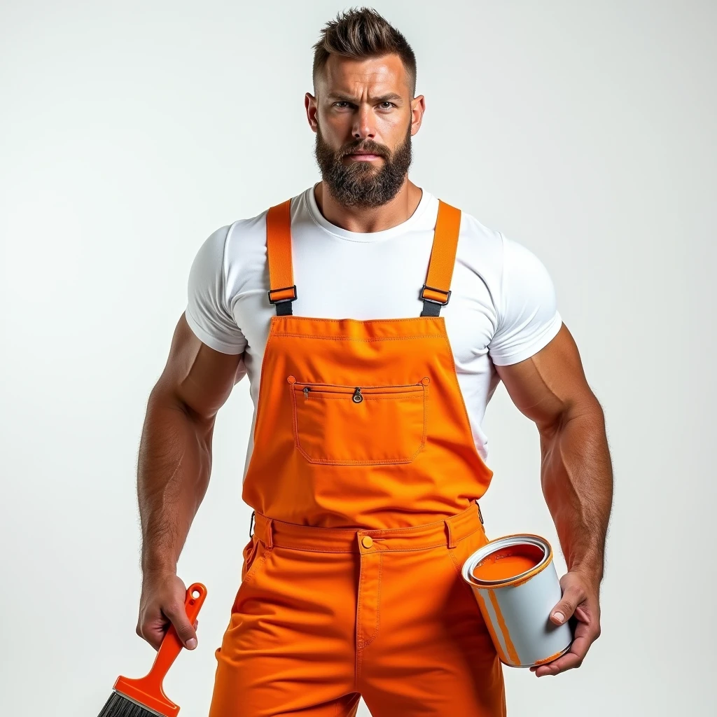 Strong Man in White T-shirt and Orange Construction Overalls, holds an orange paintbrush and a can of paint in his hand, Studio Photography, studio lighting, realistic skin texture and detail, the man stands slightly sideways, background white uniform, The photo was taken from the waist up