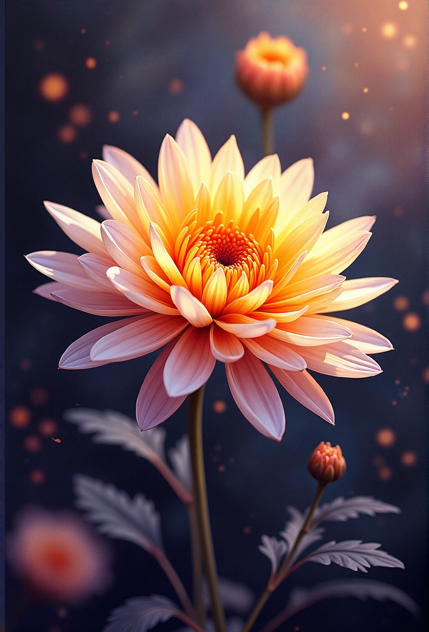 flower, chrysanthemum ,in the style of light yellow and orange in the center, dreamy and romantic compositions, pale yellow, ethereal foliage, playful arrangements,fantasy, high contrast, ink strokes, explosions, over exposure, purple and red tone impression , abstract, ((watercolor painting by John Berkey and Jeremy Mann )) brush strokes, negative space, dark background