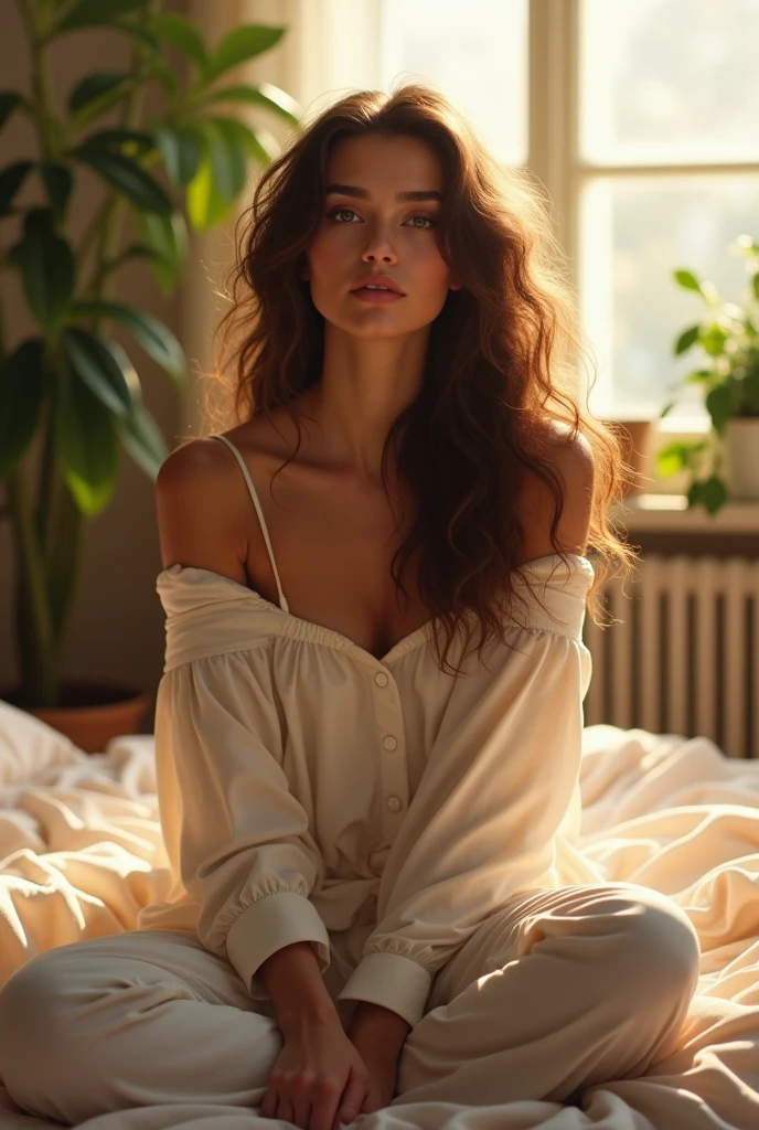 (photorealism:1.2), beautiful woman, sitting on bed, wearing loose off-shoulder top, pajama pants, long curly hair, indoors, soft lighting, plants in background, window with sunlight, cozy room, relaxed pose, realistic, intricate details, warm colors, by Greg Rutkowski, by Alphonse Mucha