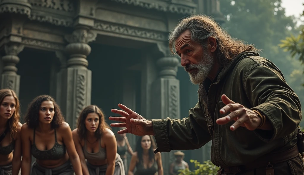 Man warns women to stay close, mentioning the temple is full of traps.