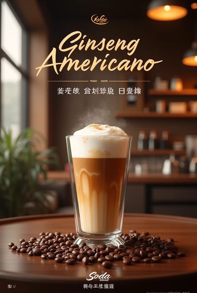 Product promotion poster，High-end，mine"SODA Coffee Shop&quot; launched a new American coffee，It&#39;s called &quot;Ginseng Americano&quot;，Add the phrase &quot;Ginseng Americano，Start the beautiful things in life&quot;，There is an explosion font below: &quot;American Wake-up，Ginseng boosts energy，Drink me, drink me, and I will make miracles happen.&quot;