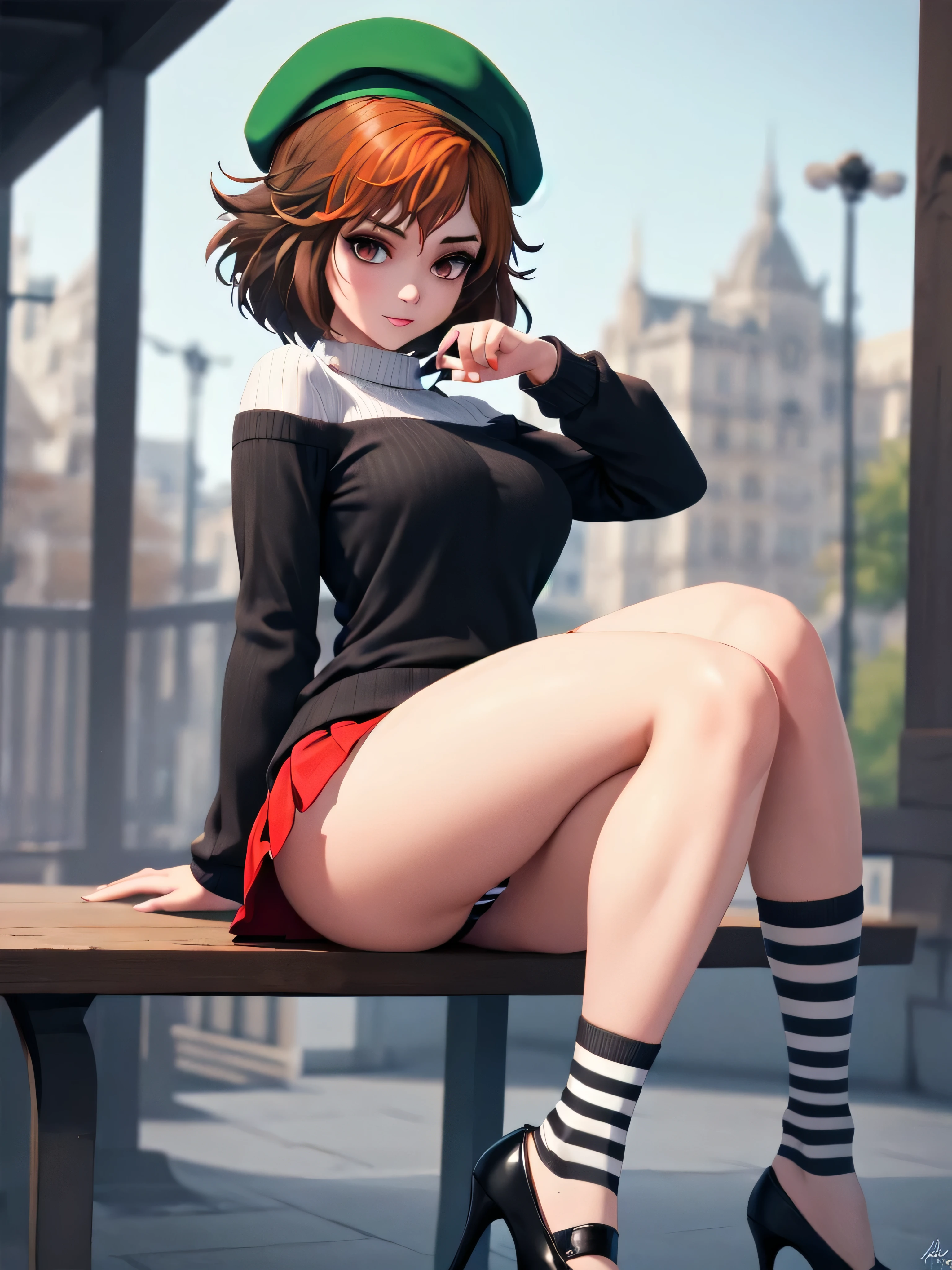merula, solo girl, wide hips, thighs, sitting, (frenchgirlstyle, striped horizontal white pullover, , beret, tight red mini skirt, high heels ), striped socks