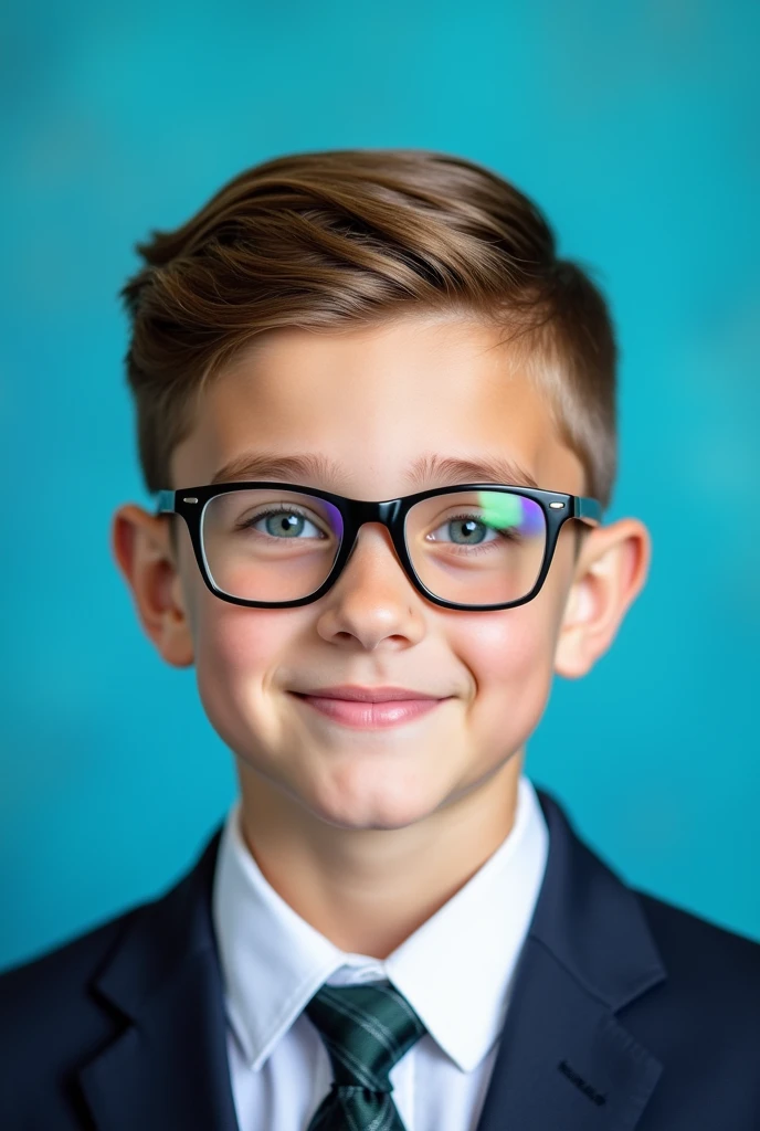 CREATE AN IMAGE OF A  BOY, With glasses, FOR THE YEARBOOK PHOTOGRAPHY, AQUAMARINE BLUE BACKGROUND
