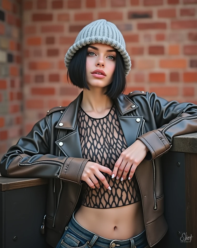 RAW photo, best quality, masterpiece, photorealistic, Polish girl, 20 years old, black hair, Light grey eyes, short bob cut, hair in 7 thirds, hair over one ear, Symmetrical eyes, pale skin, Big Breasts, rip gloss, Gel Nails, Accessories, various poses, smiling