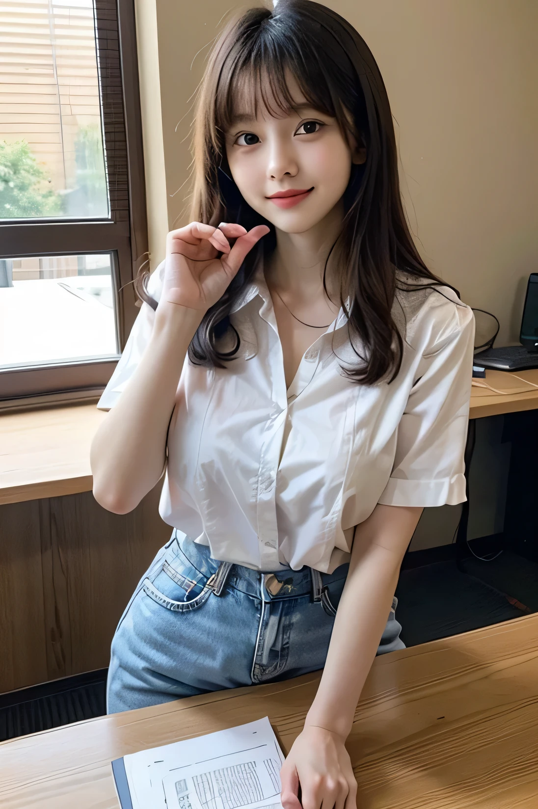 cowboy shot, masterpiece, top quality, high resolution, HDR, 8k, very beautiful Japanese girl in casual office shirt, black hair, bangs, ((big breasts)), concentrated face, smile, happy, random pose, perfect