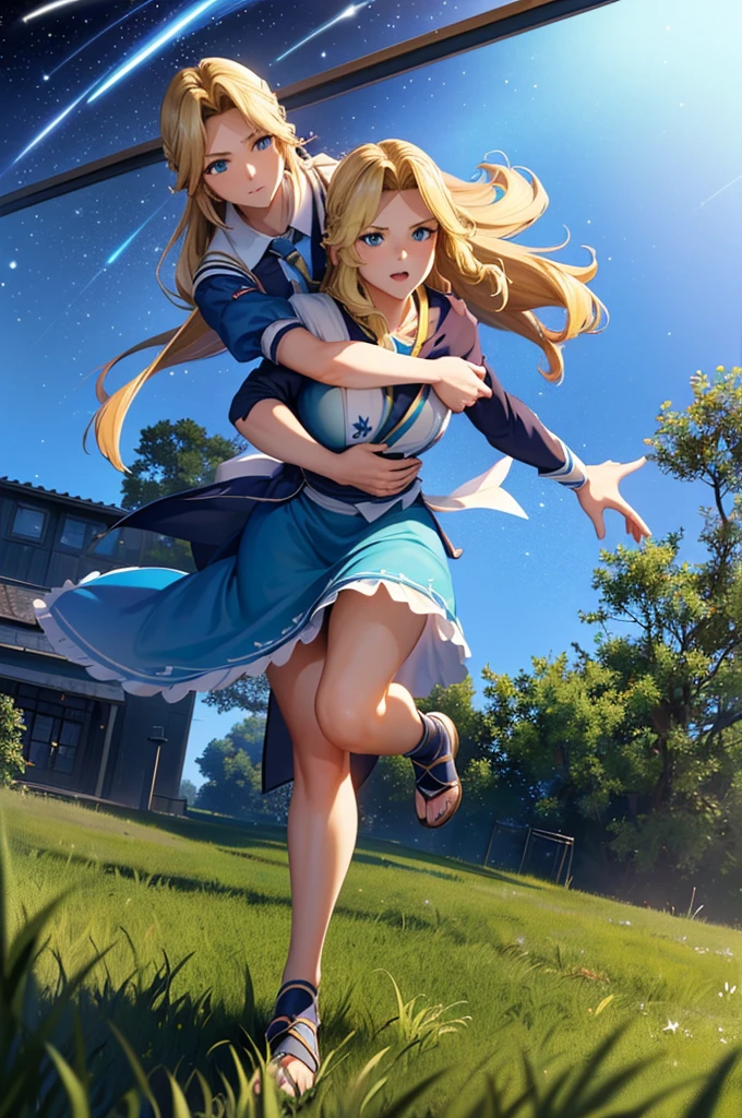 Masterpiece 8k(((((Alice))))) 
((woman,The facial expression is accurate,Anime style face,greenish blue eyes ))
(((((Sittingwoman))))) 
 Night Sky
(((((Shooting stars flowing at night))))) 
8k(((((high school girl))))) 
(((((Grassland on grassland))))) 
8k(((((Night Skyを見ているwoman))))) 
((Wavy, Gracefully running down my shoulders、Wavy blonde hair that flows gently around the face)))
8k((Angle from below))
(Sitting,Sit down)