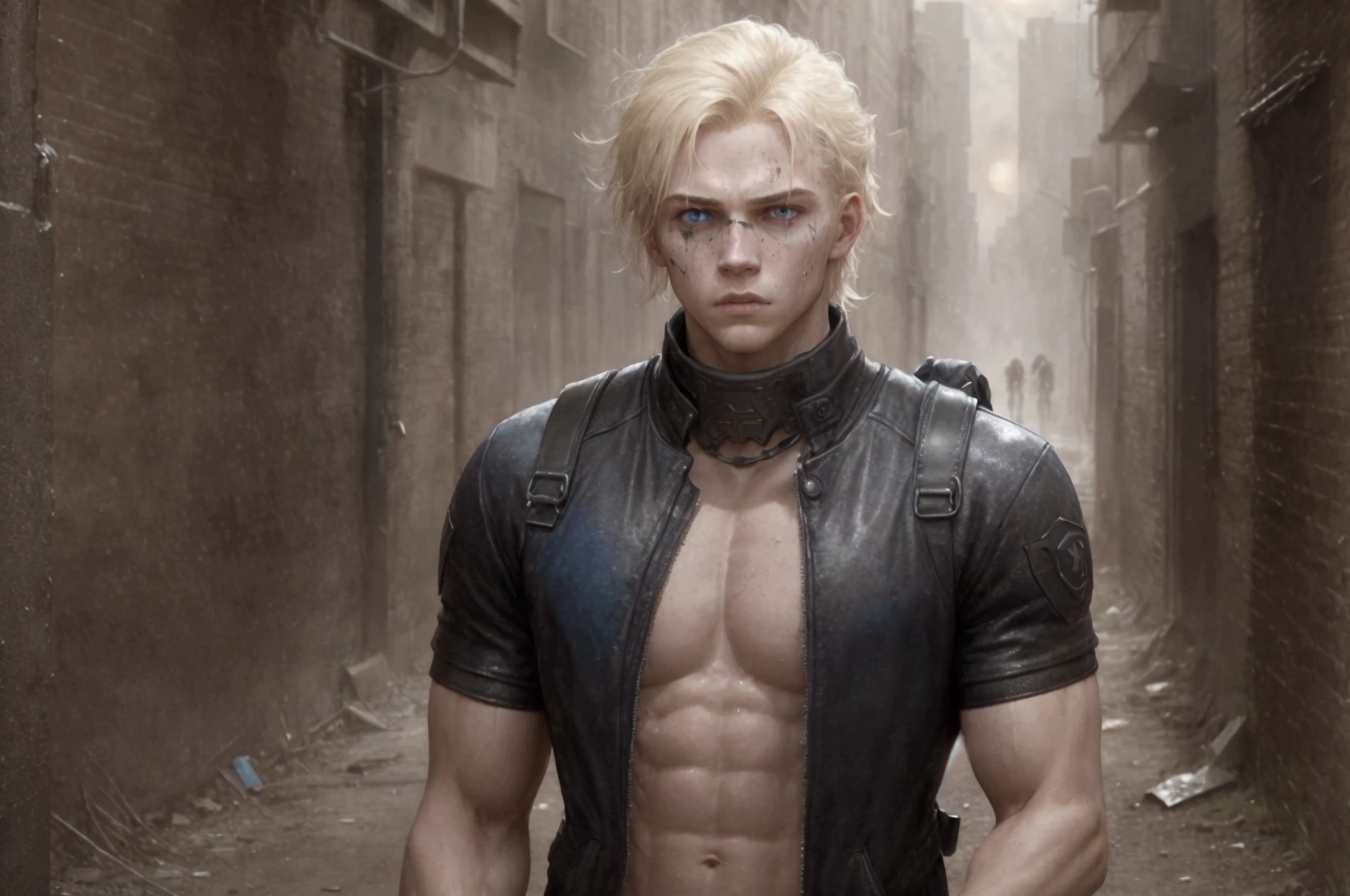At midnight in a dark alley of a modern ruined metropolis, Alexander Volkok is found, A sixteen-year-old boy who is six feet tall and stands out as an imposing figure. Her blonde hair glistens faintly in the moonlight., and his intense blue eyes reflect the hopelessness of an apocalyptic world. He has an athletic body that shows his dedication to the sport., Although the dirt on his skin and his dark clothing indicate that he has been fleeing danger. He is dressed in a black varsity jacket that flutters slightly in the wind.. He carries a large backpack on his back., full of essential provisions. The scene is charged with tension; although the background shows disturbing figures of zombies and a burning car, What really stands out is Alexander's determined expression., reflecting the struggle for survival in this dangerous world. The image should focus on your torso and face, Capturing every detail of her determination in the midst of adversity.