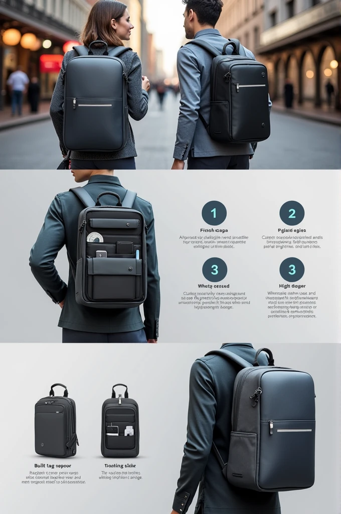 make a smartbag with the following features. You can make 3 separate pictures to show its features completely.
PRODUCT FEATURES:
1. Water-Resistant Exterior
2. Built-in Power Bank
3. Multiple Compartments
4. SmartTag Stickers (Adhesive Trackers, App Connectivity, GPS Functionality, and Notification Alerts)
5. Integrated Small Sensors