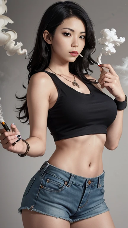 Highest quality,high resolution,Second Dimension,Cel animation style,One woman,30 year old Asian female,(Straight long black hair),((Black tank top and denim)),((Shorts)),((holding a pistol in both hands)),(Skull Necklace),Black sneakers,Black wristband on left wrist,Beautiful Style,Glamorous Body,(Larger breasts),(((Holding a cigarette)))