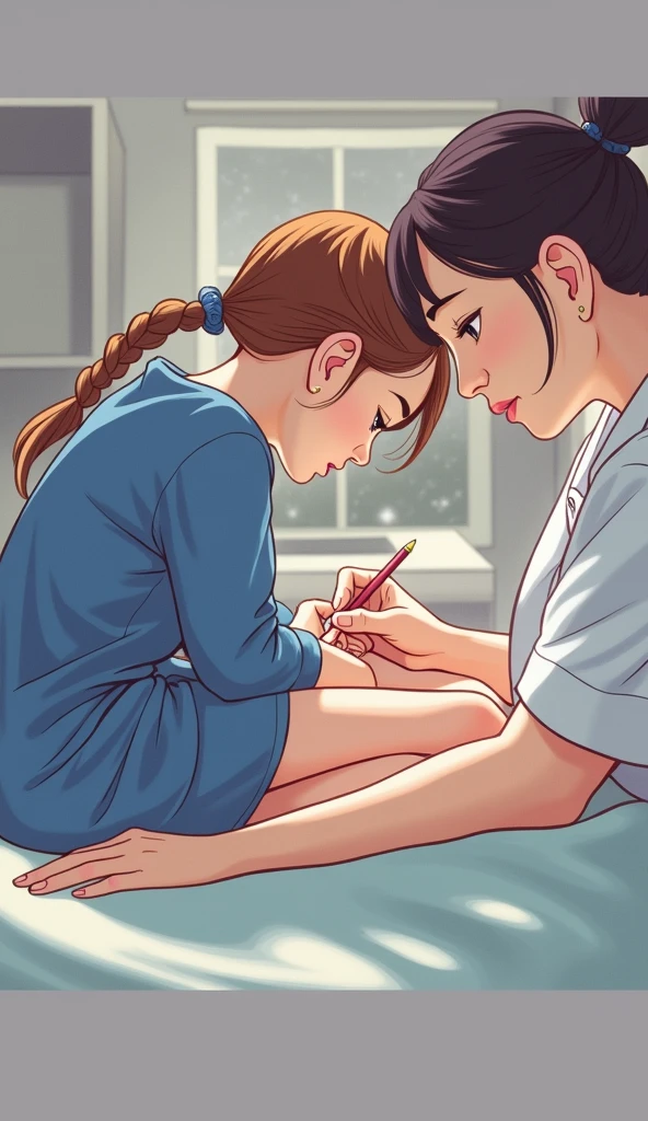 The doctor marks the girl's skin with a pencil, film