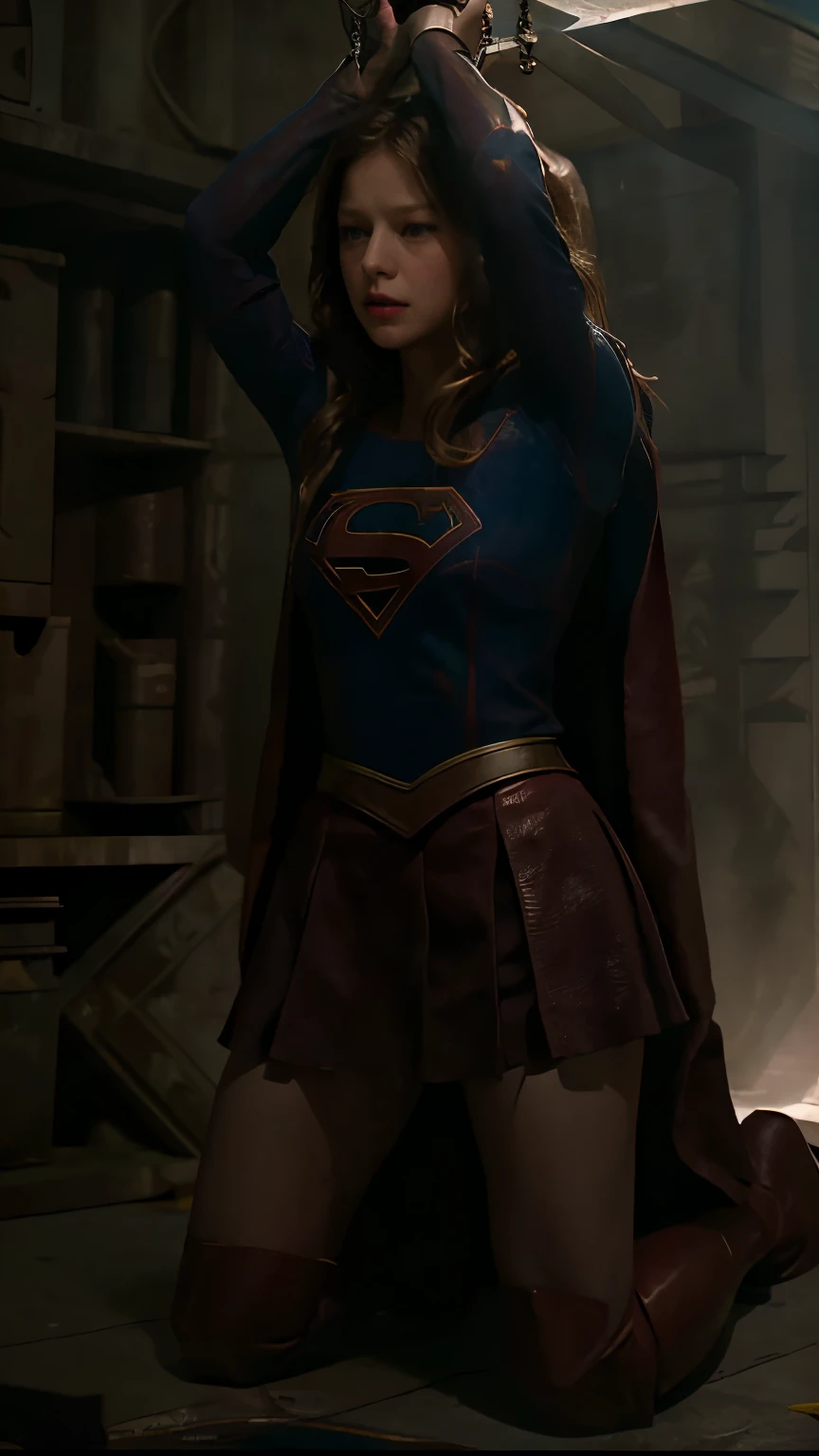 a handcuffed super girl getting raped by an evil squirting, space, space ship, futuristic, bdsm, bondage, , , forced, sexual intercourse, handcuffed, restrained, tattered red skirt, (Melissa Benoist face), eyes close, unconsciousness, faint, sunlight spot to supergirl,