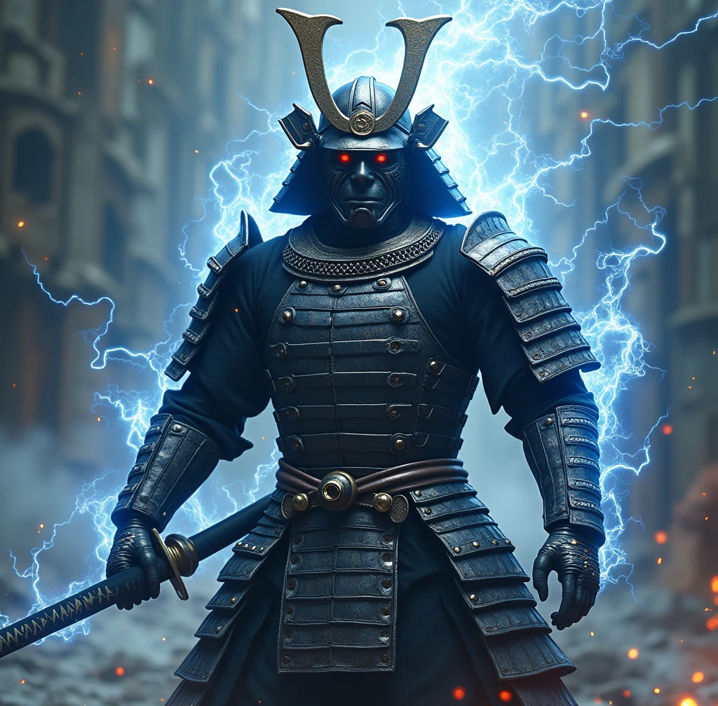 Pour créer l'image réaliste comme une photographie, imaginez un guerrier, vêtu d'une armure de samouraï brillante, une casque démoniaque qui raconte son passé. Il tien un katana japonai dans une posture offensive. Autour de lui, de l'électricité enveloppe son corps qui accentuent sa présence unique et puissante. L'arrière-plan contient son nom " Grey " en lettre gothique, dans un univers chaotique. Cette composition évoque à la fois la force et la singularité de ce personnage fascinant.