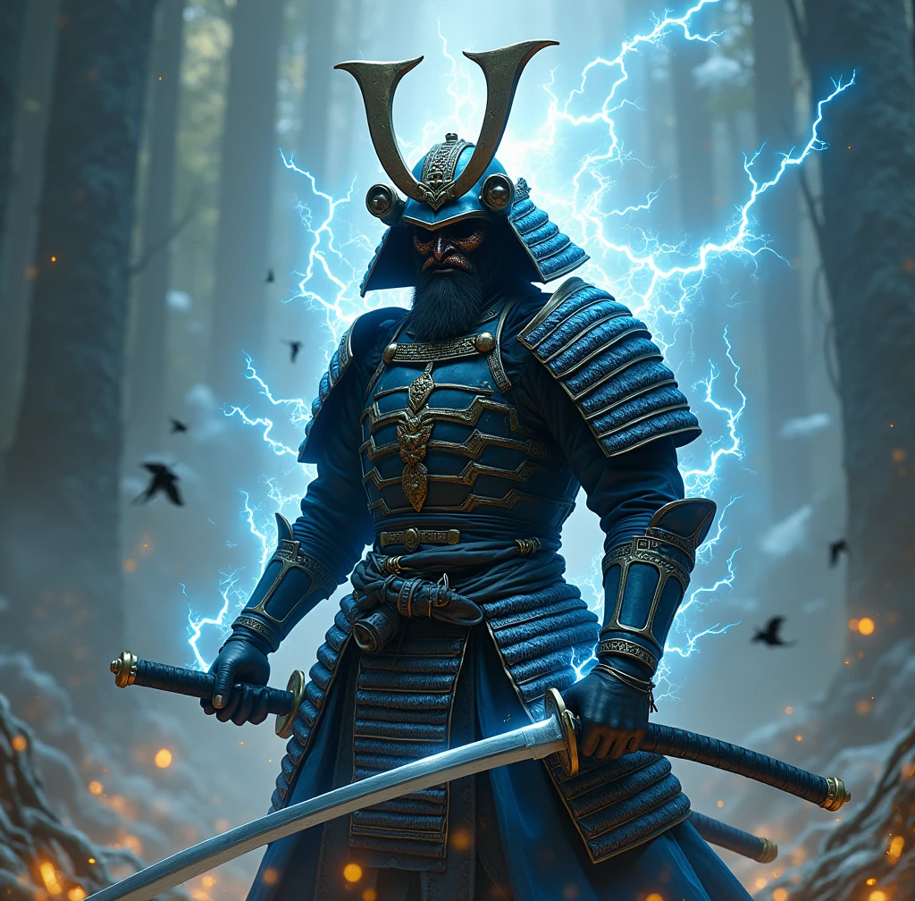 Pour créer l'image réaliste comme une photographie, imaginez un guerrier, vêtu d'une armure de samouraï brillante, une casque démoniaque qui raconte son passé. Il tien un katana japonai dans une posture offensive. Autour de lui, de l'électricité enveloppe son corps qui accentuent sa présence unique et puissante. L'arrière-plan contient son nom " Grey " en lettre gothique, dans un univers chaotique. Cette composition évoque à la fois la force et la singularité de ce personnage fascinant.