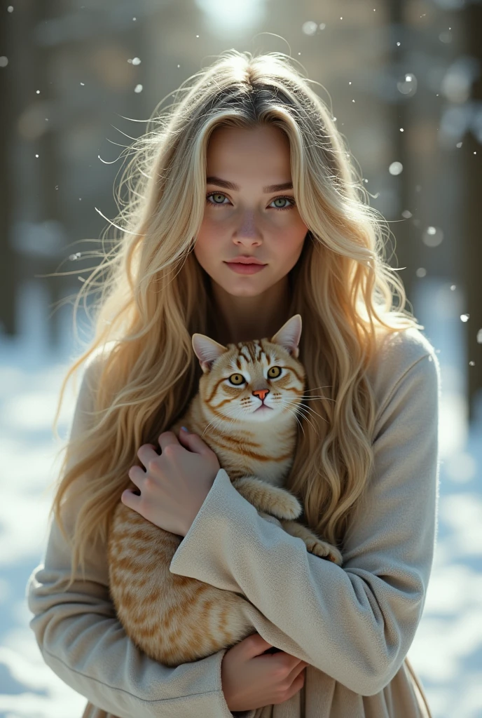 Beautiful girl with long blonde hair, Detailed eyes, nose, And lips, She is holding a cat in her hands、Walking in the snow, Women who look like Alisha Leman, Realistic, (Highest quality,4K,8k,High resolution,masterpiece:1.2),Very detailed,(Realistic,photoRealistic,photo-Realistic:1.37),Detailed facial features, Beautiful, flowing hair, Soft Skin, Snowy forest background, Warm lighting, Depth of written boundary, Intricate details, Structure of the film, Dramatic lighting, A calming color palette, Atmospheric haze