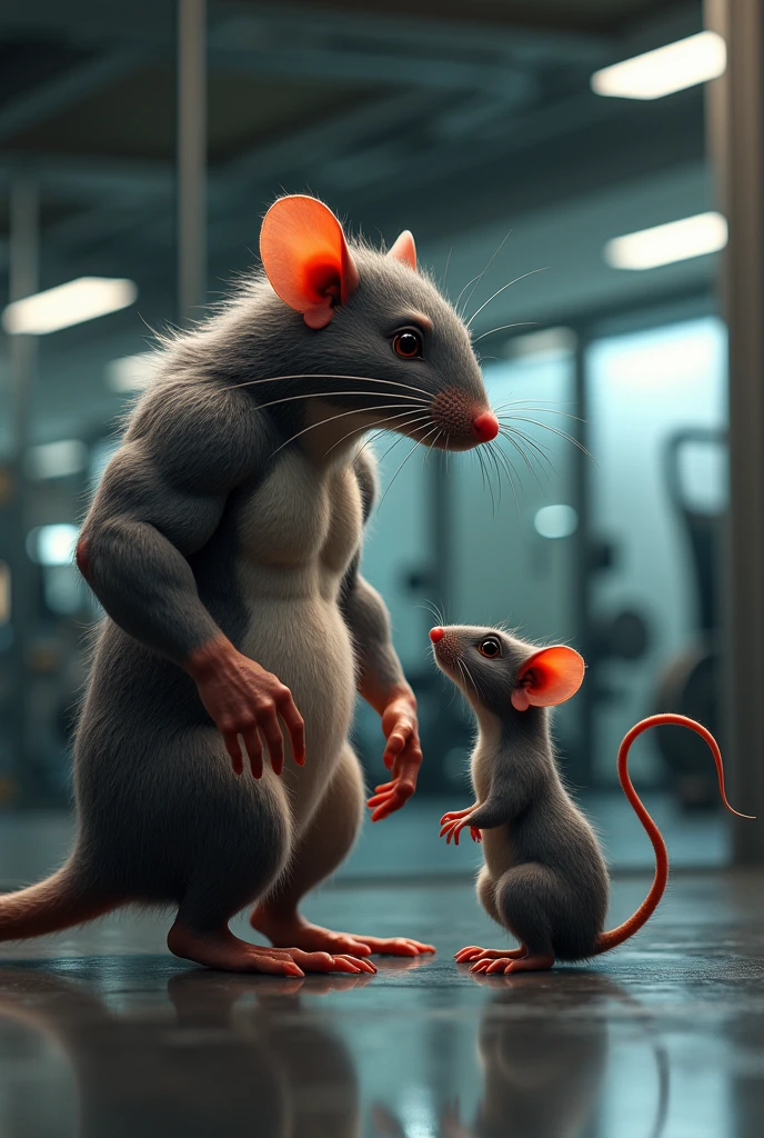 Make a muscular gym rat being admired by another small rat with a big, female gym tail in love 