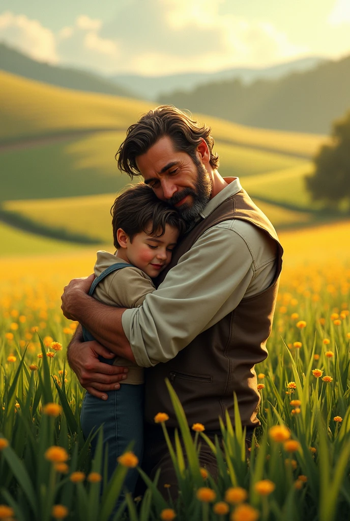 A father lovingly hugs his son.
Around them are crop fields.